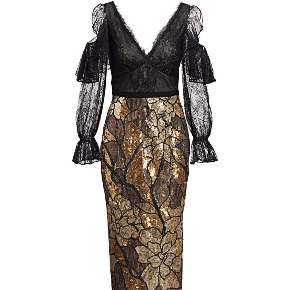 Marchesa Notte cold shoulder sequin dress